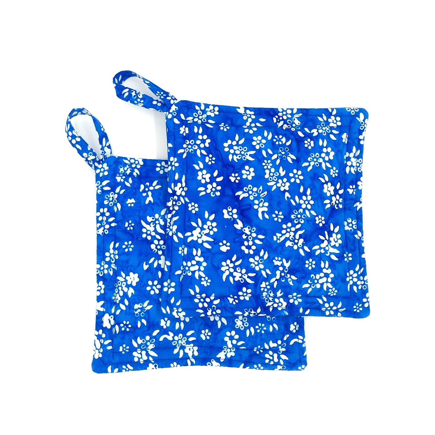 Handmade Blue Batik Potholders Set of 2, Cotton Heat Resistant Hot Pads, Floral Kitchen Gift for Cooks