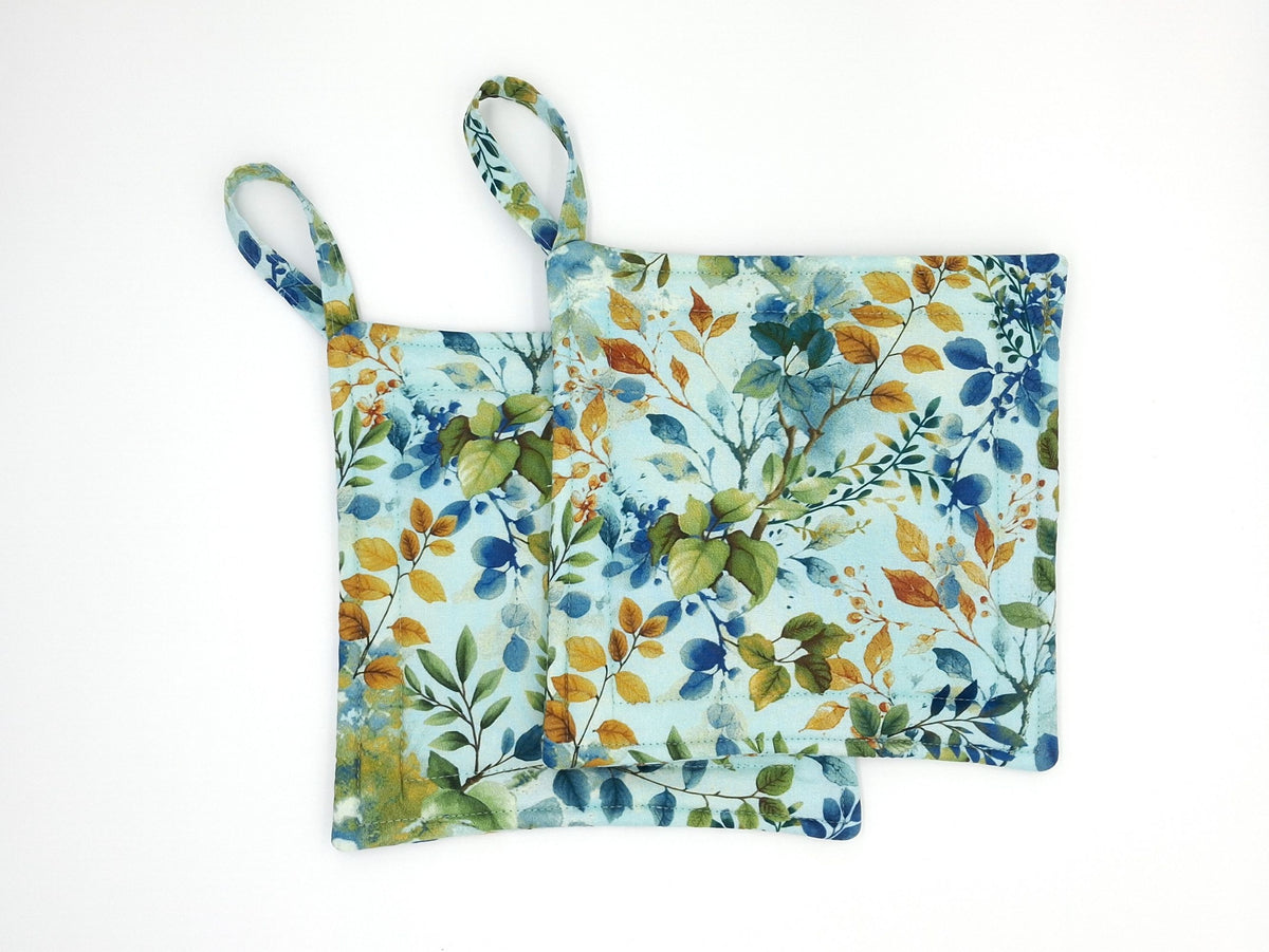 Handmade Botanical Potholders Set of 2, Cotton Insulated Hot Pads, Watercolor Leaves Kitchen Gift