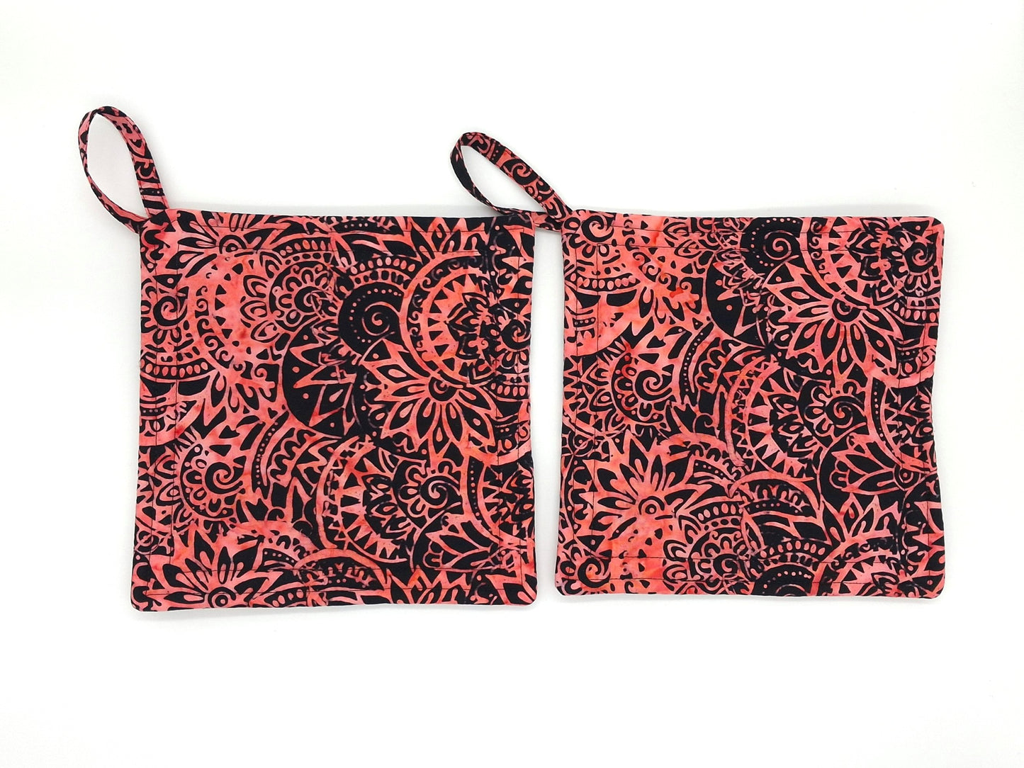Batik Potholders Set of 2, Bold Coral & Black, Heat Resistant Protection, Handmade Cotton Kitchen Trivets