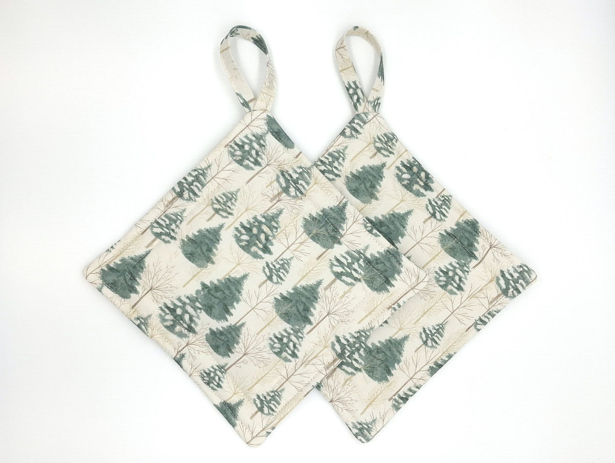 Handmade Evergreen Potholders, Set of 2 Cotton Hot Pads, Winter Christmas Kitchen Gift