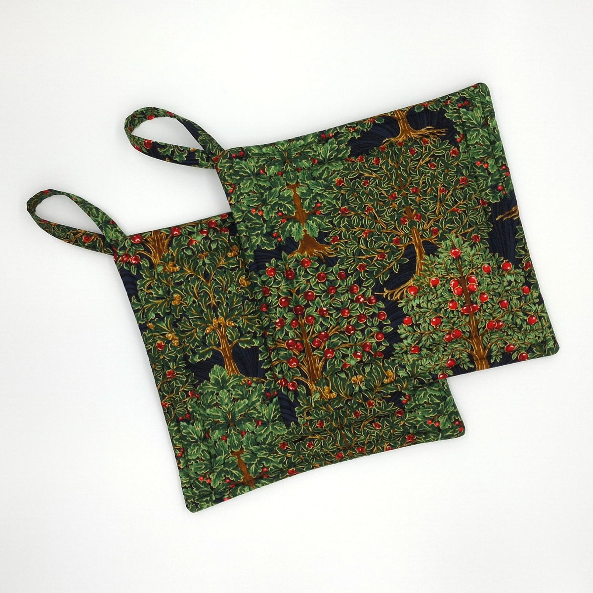 Handmade Orchard Potholders Set of 2, Dark Botanical Hot Pads, Christmas Kitchen Gift