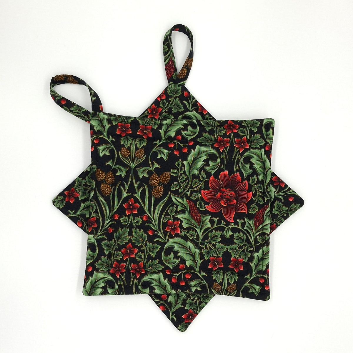 Handmade Botanical Christmas Potholders, Set of 2 Holly and Pinecone Scrollwork Hot Pads