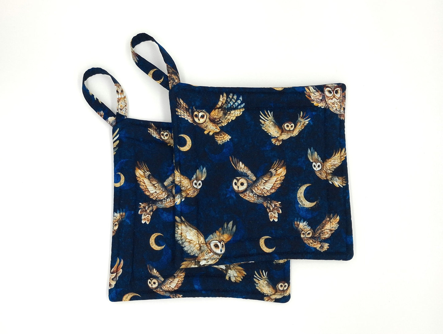 Handmade Owl Potholders, Set of 2 Flying Owls & Moon Cotton Hot Pads, Witchy Kitchen Gift