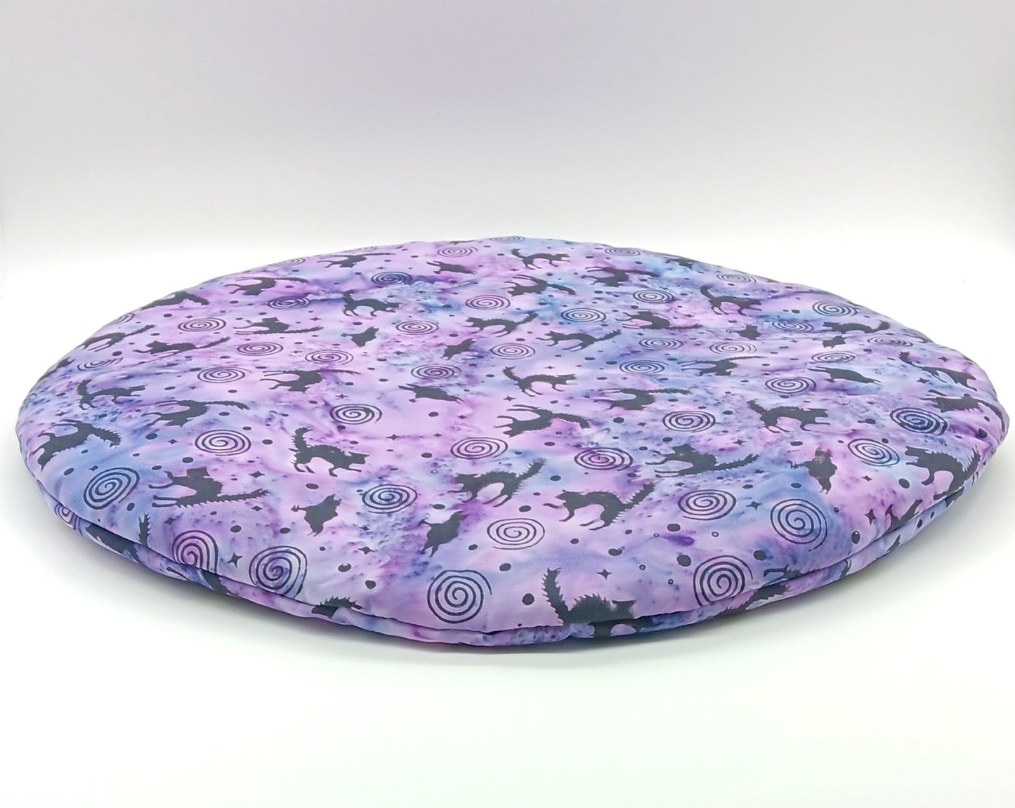 Round Purple Catnip Mat with Black Cats, Ravens and Spirals, 16.5 inch Cat Tower Cushion