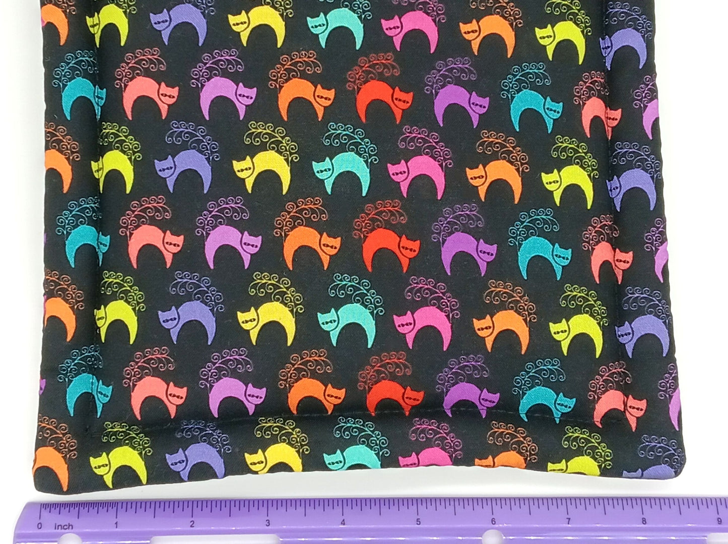 Catnip Mat, Handmade Rainbow Cats Play Mat & Nap Pad with Extra-Potent High-Altitude Catnip, Colorful Cat Fabric on Black, Made to Order