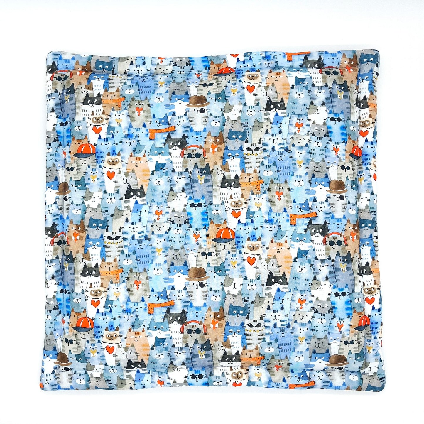 Square Blue Catnip Mat for Cats with Potent Catnip, Whimsical Cats in Hats & Glasses, 16.5 Inch Cushion