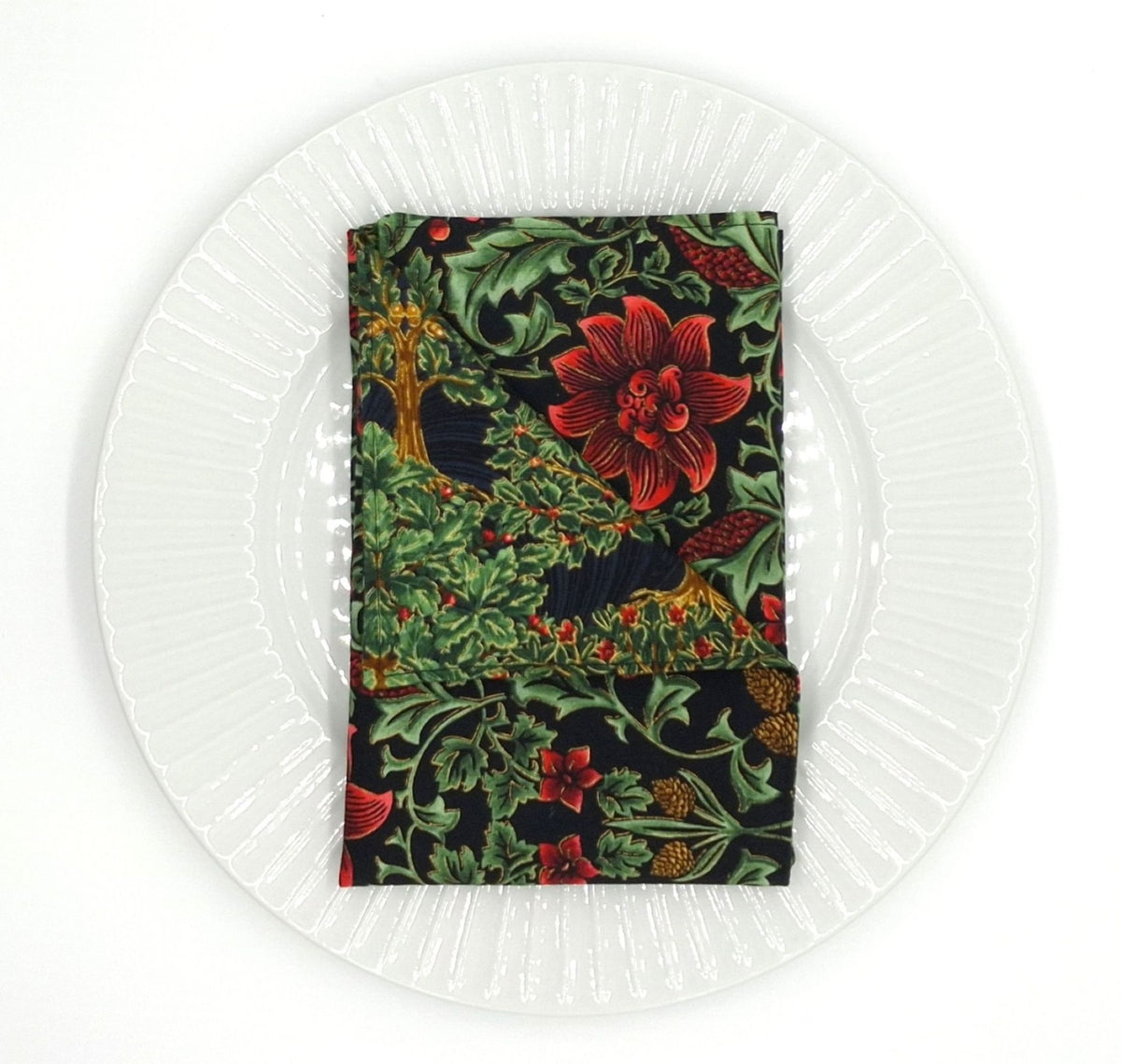 Handmade Reversible Botanical Napkins Set of 4, Dark Holly & Fruit Trees, Christmas Cloth Napkins