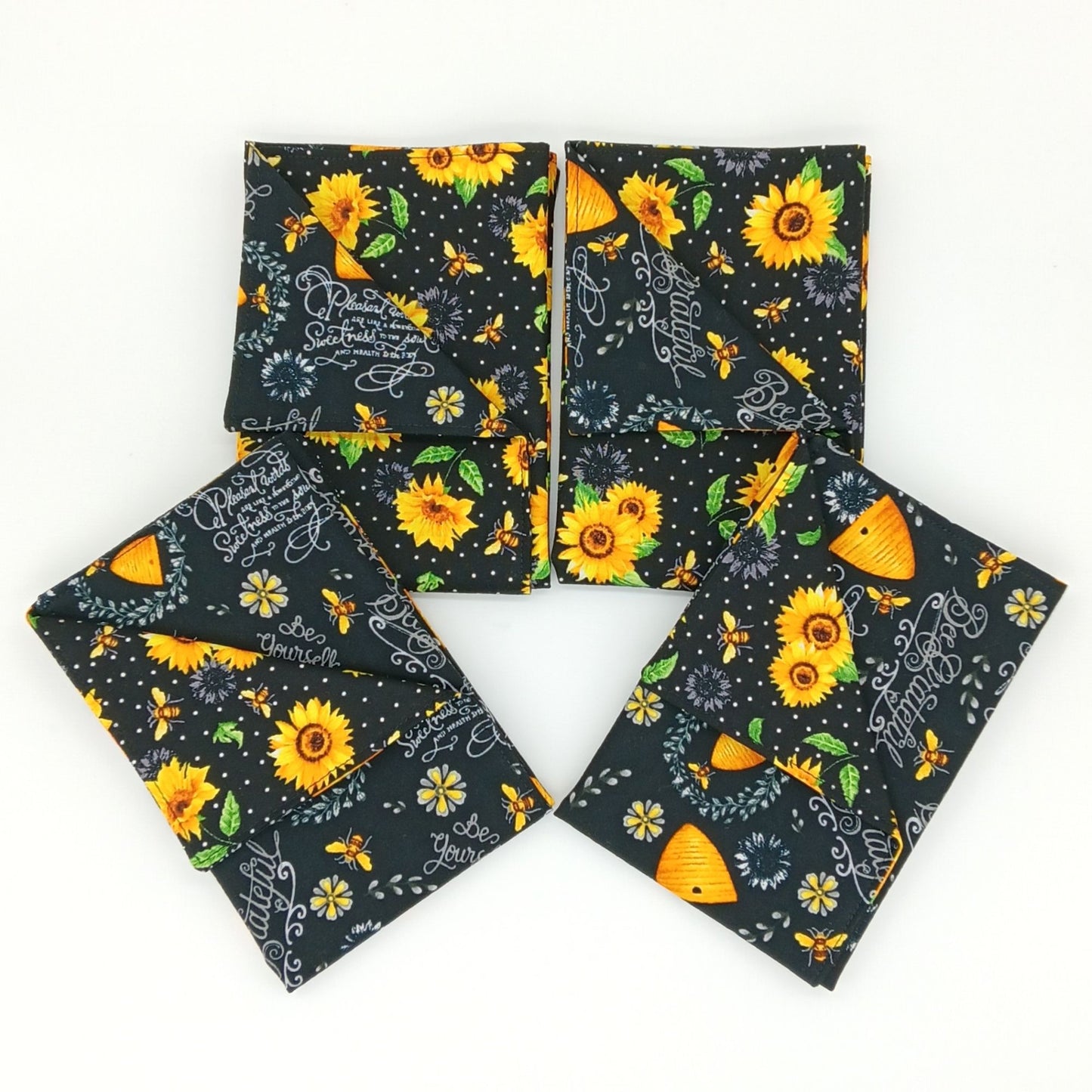 Sunflower and Honeybee Napkins, Set of 4 Reversible Cloth Table Linens