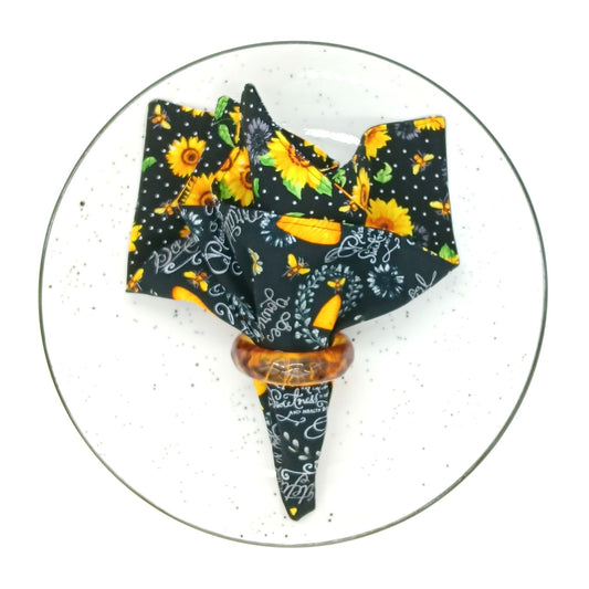 Sunflower and Honeybee Napkins, Set of 4 Reversible Cloth Table Linens