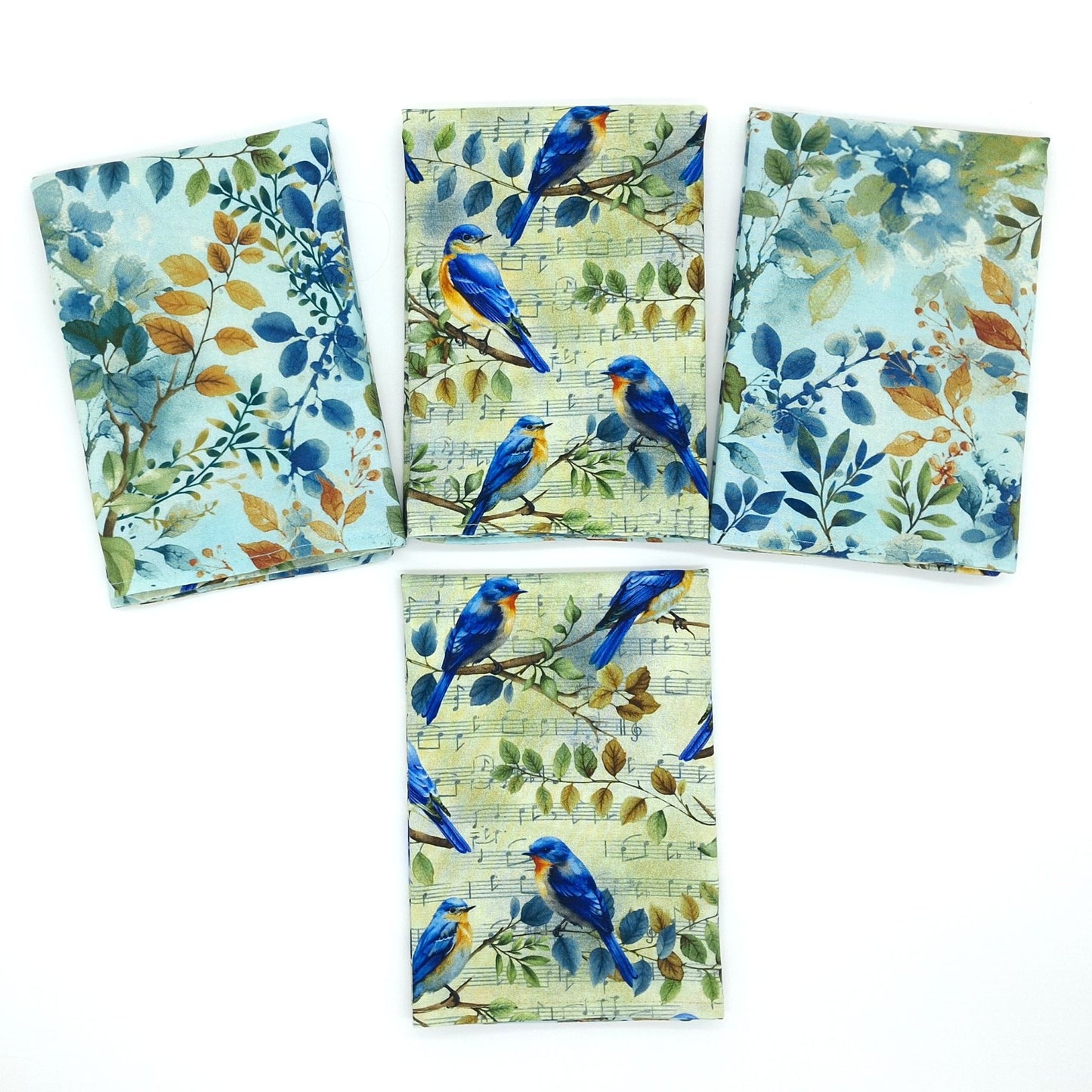 Handmade Reversible Cotton Napkins Set of 4, Bluebird & Foliage Print, 14x14 Cloth Dinner Napkins