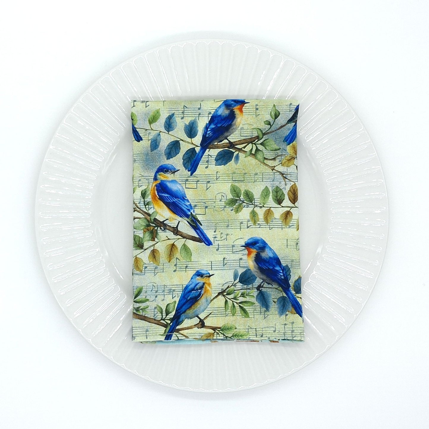 Handmade Reversible Cotton Napkins Set of 4, Bluebird & Foliage Print, 14x14 Cloth Dinner Napkins