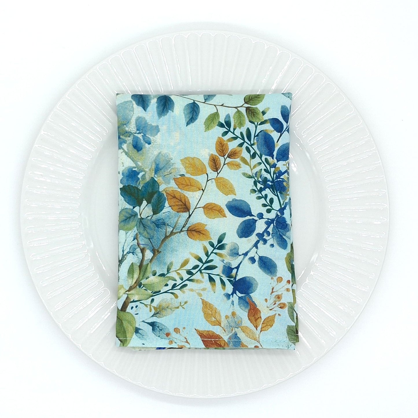 Handmade Reversible Cotton Napkins Set of 4, Bluebird & Foliage Print, 14x14 Cloth Dinner Napkins