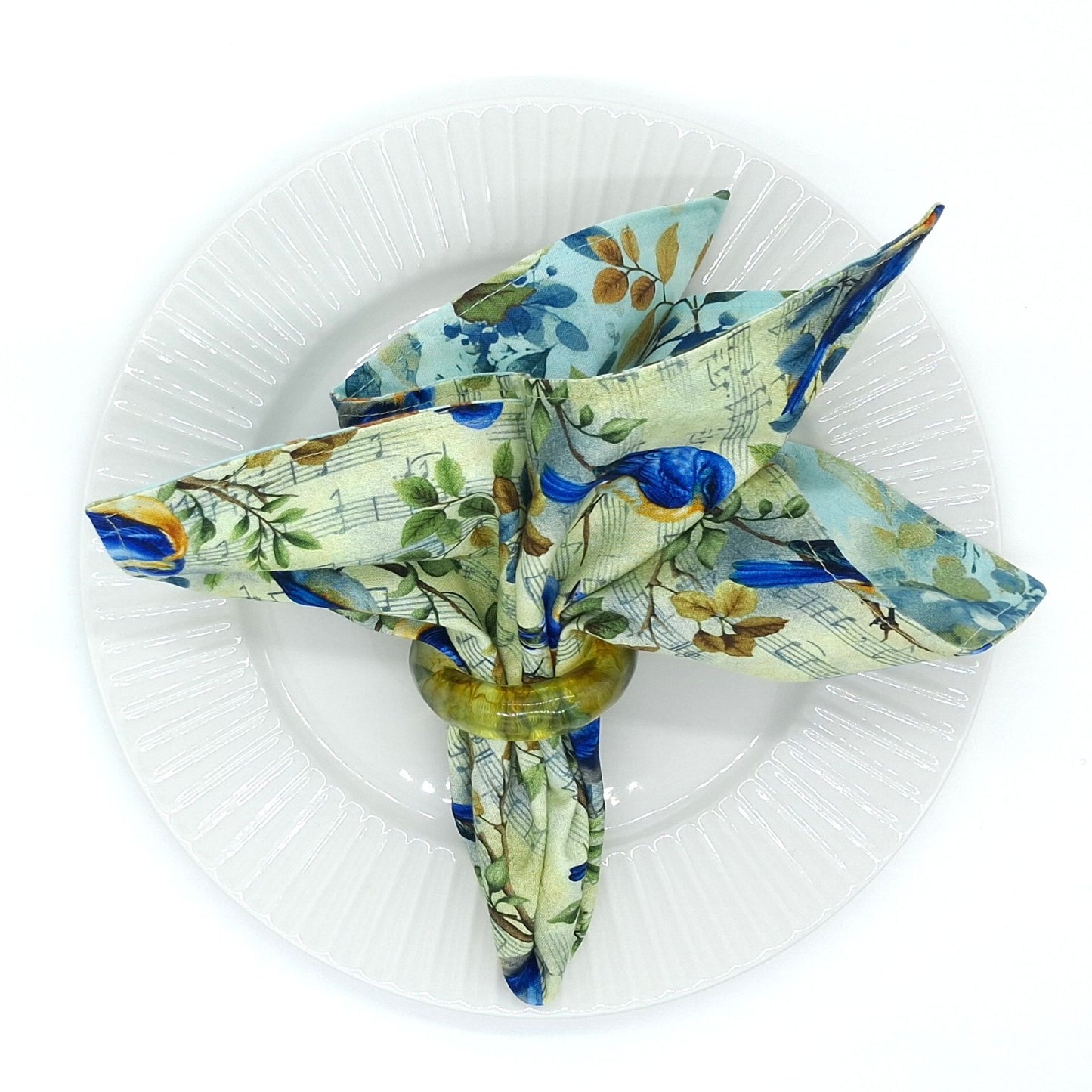 Handmade Reversible Cotton Napkins Set of 4, Bluebird & Foliage Print, 14x14 Cloth Dinner Napkins