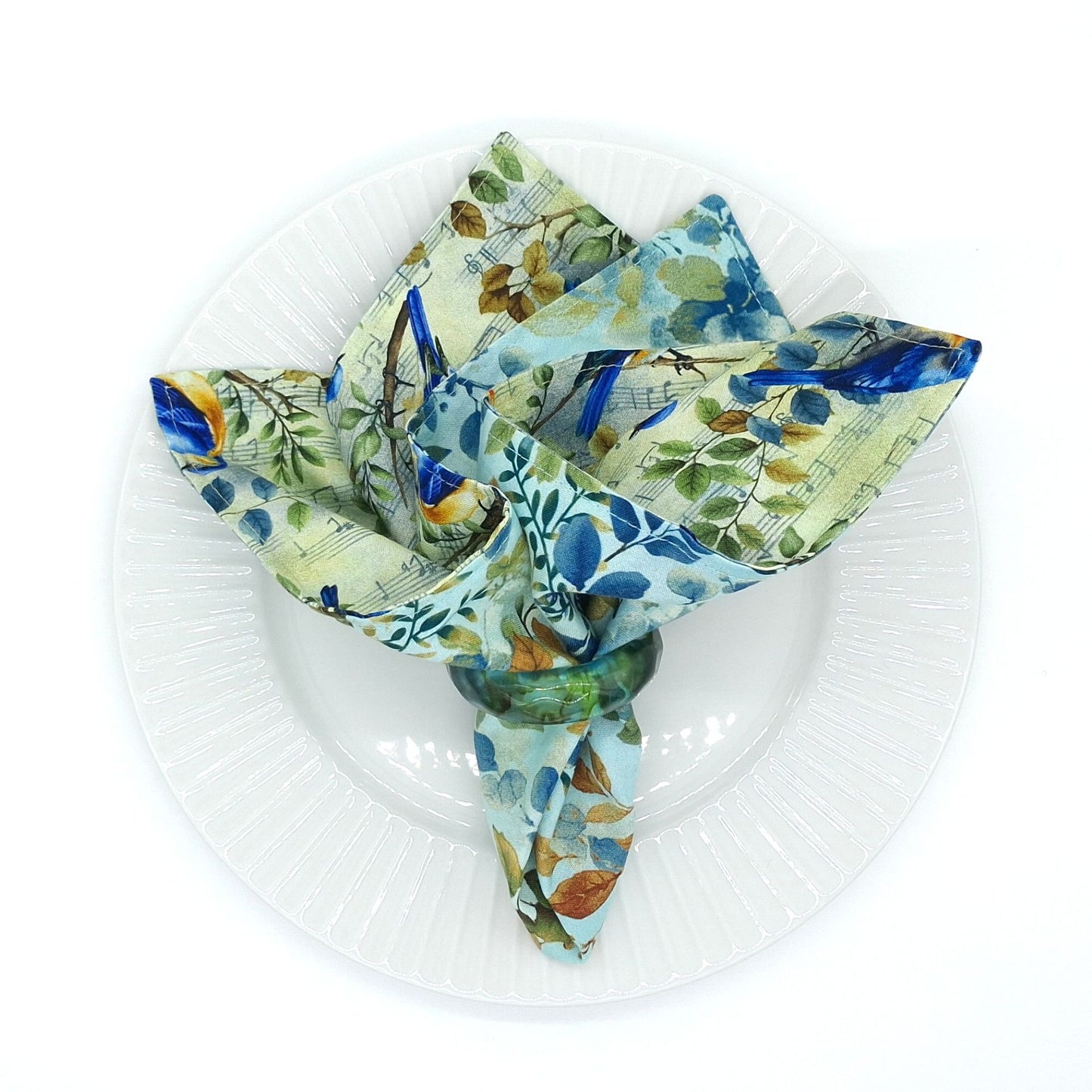 Handmade Reversible Cotton Napkins Set of 4, Bluebird & Foliage Print, 14x14 Cloth Dinner Napkins