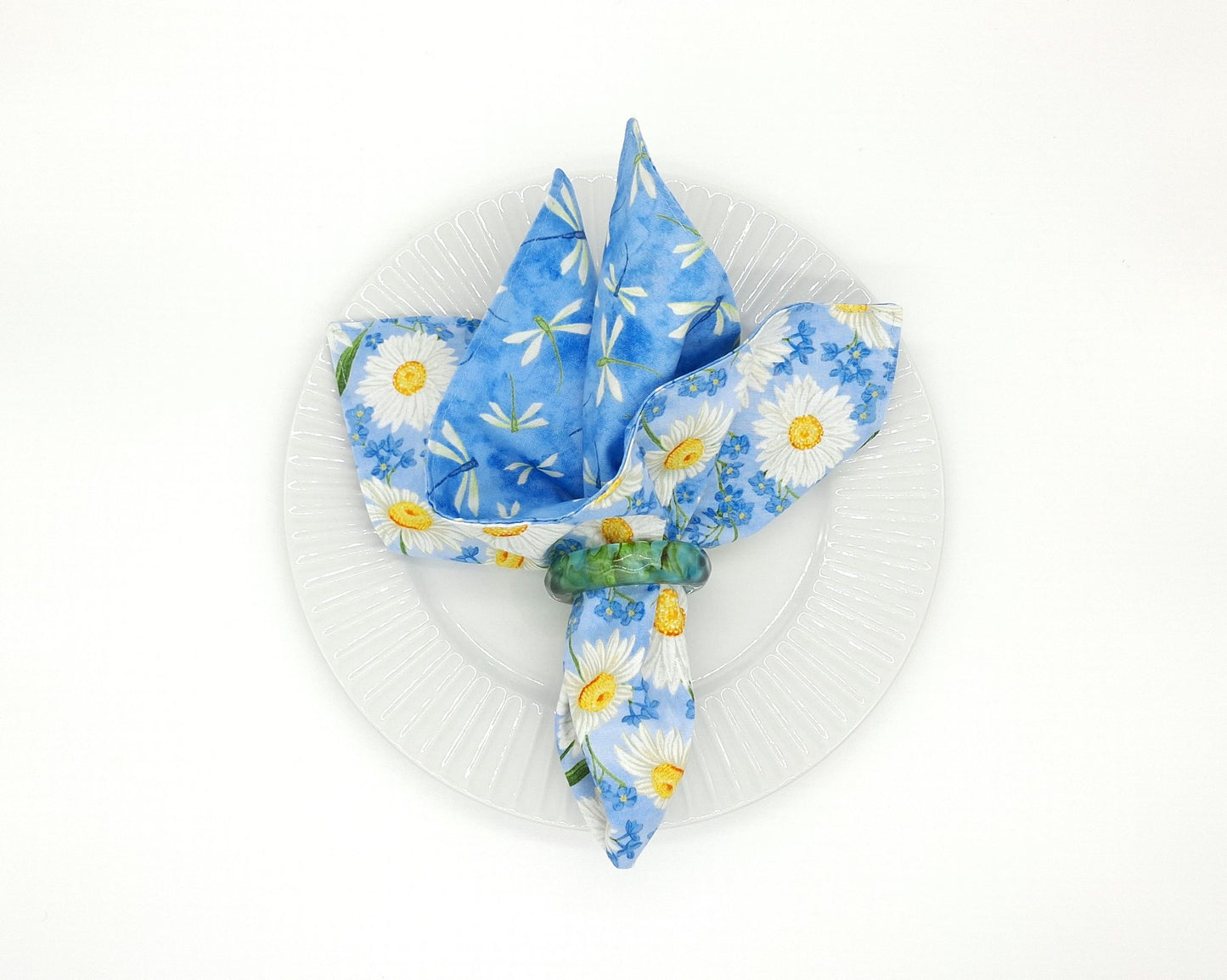 Blue Dragonfly Napkins, Reversible Daisy Table Linens, Set of 4