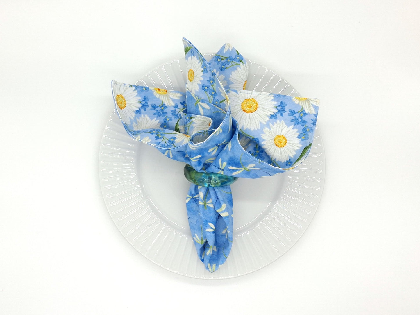 Blue Dragonfly Napkins, Reversible Daisy Table Linens, Set of 4