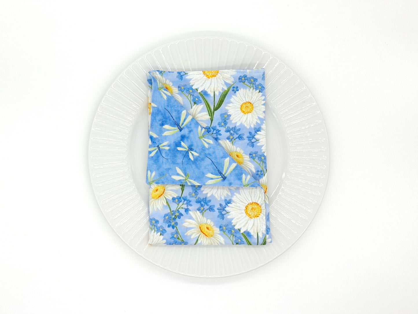 Blue Dragonfly Napkins, Reversible Daisy Table Linens, Set of 4