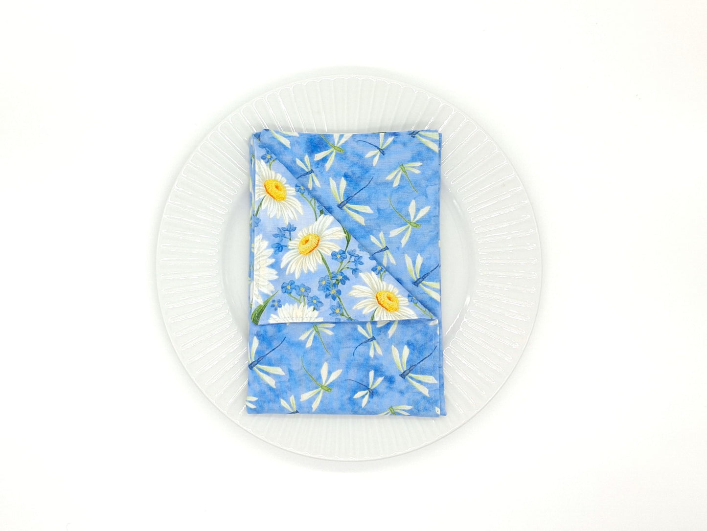 Blue Dragonfly Napkins, Reversible Daisy Table Linens, Set of 4