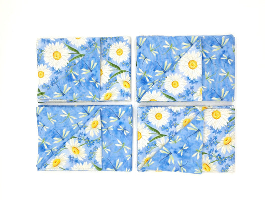 Blue Dragonfly Napkins, Reversible Daisy Table Linens, Set of 4