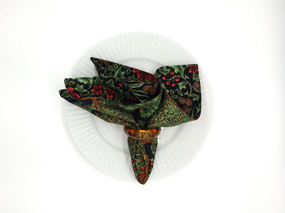 Handmade Reversible Botanical Napkins Set of 4, Dark Holly & Fruit Trees, Christmas Cloth Napkins