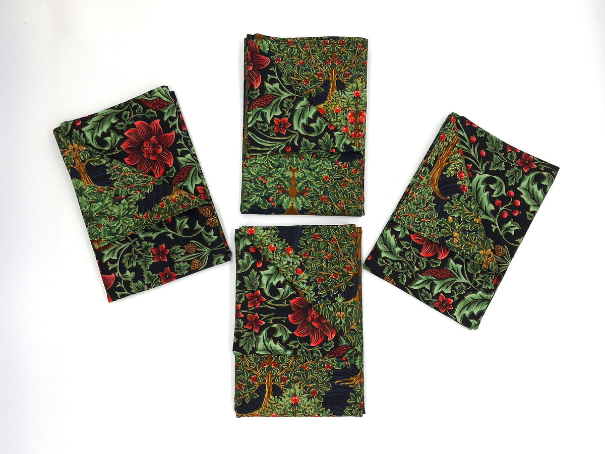 Handmade Reversible Botanical Napkins Set of 4, Dark Holly & Fruit Trees, Christmas Cloth Napkins