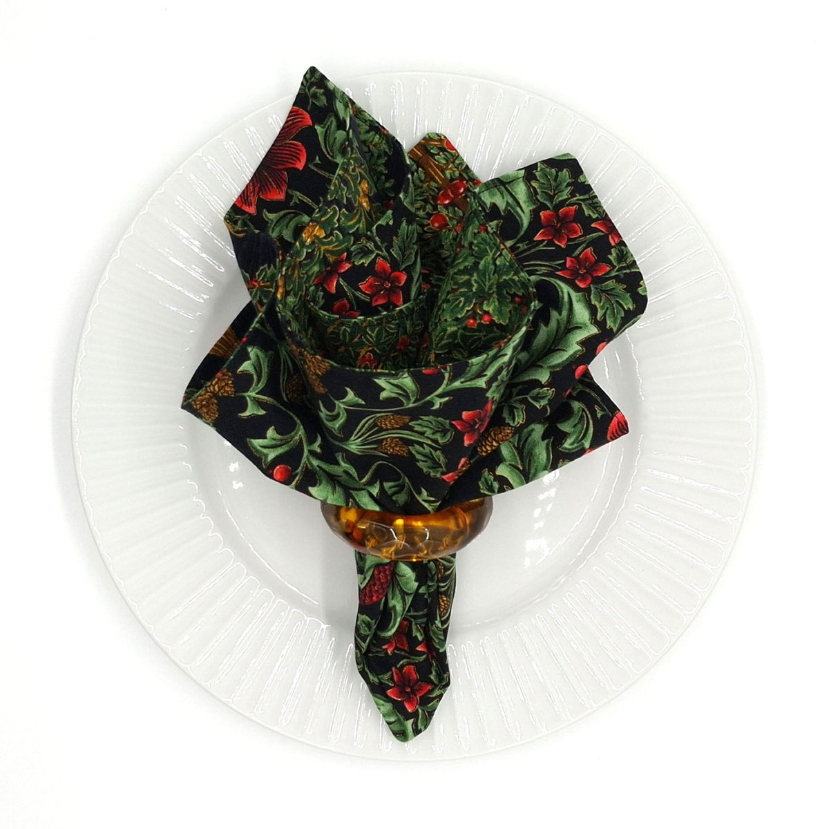 Handmade Reversible Botanical Napkins Set of 4, Dark Holly & Fruit Trees, Christmas Cloth Napkins