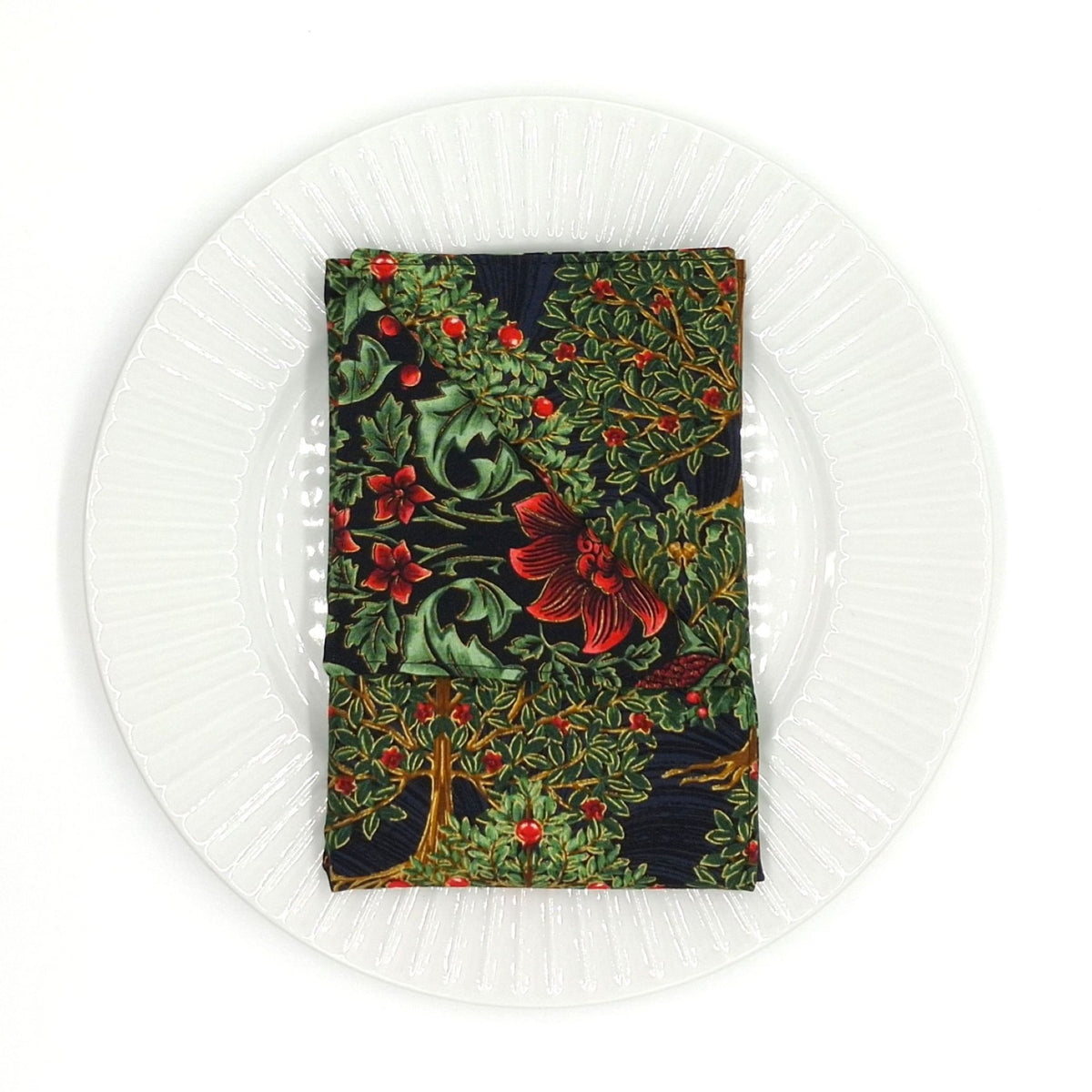 Handmade Reversible Botanical Napkins Set of 4, Dark Holly & Fruit Trees, Christmas Cloth Napkins