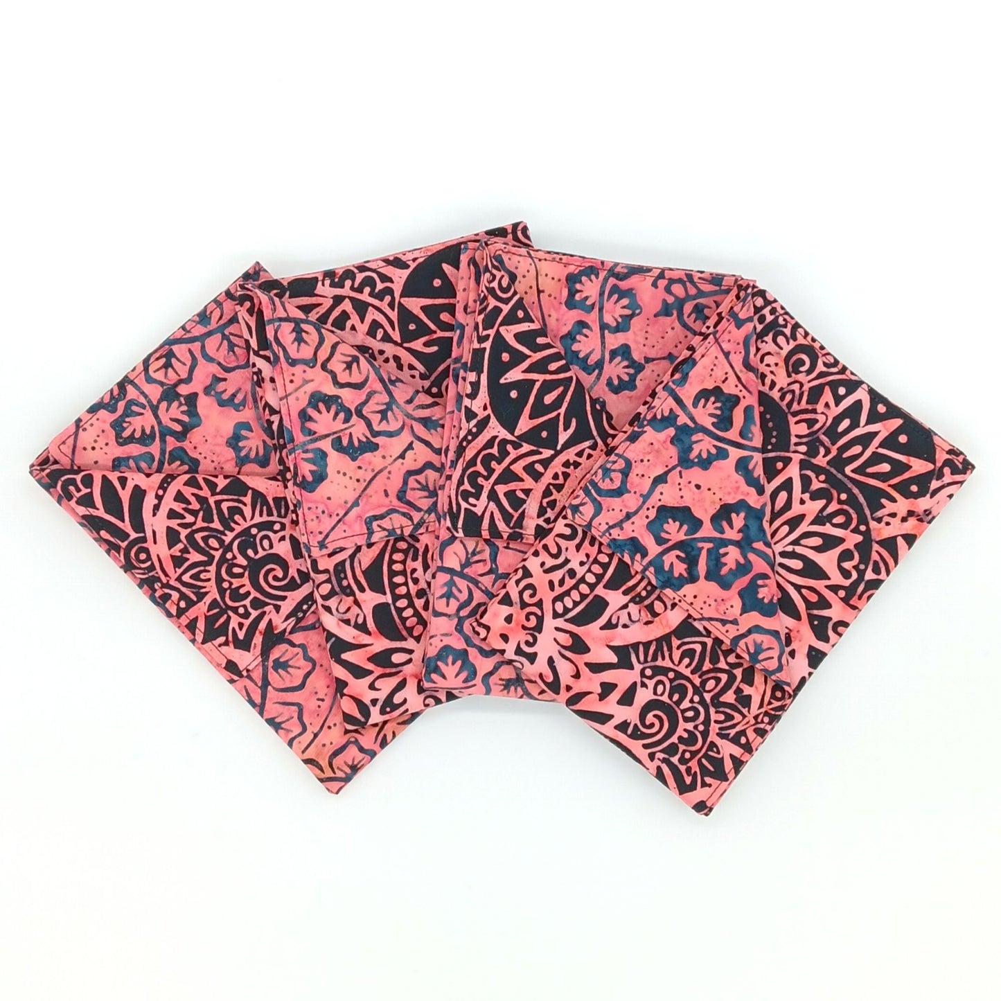 Handmade Reversible Cotton Napkins Set of 4, Coral Batik, 14x14 Cloth Napkins