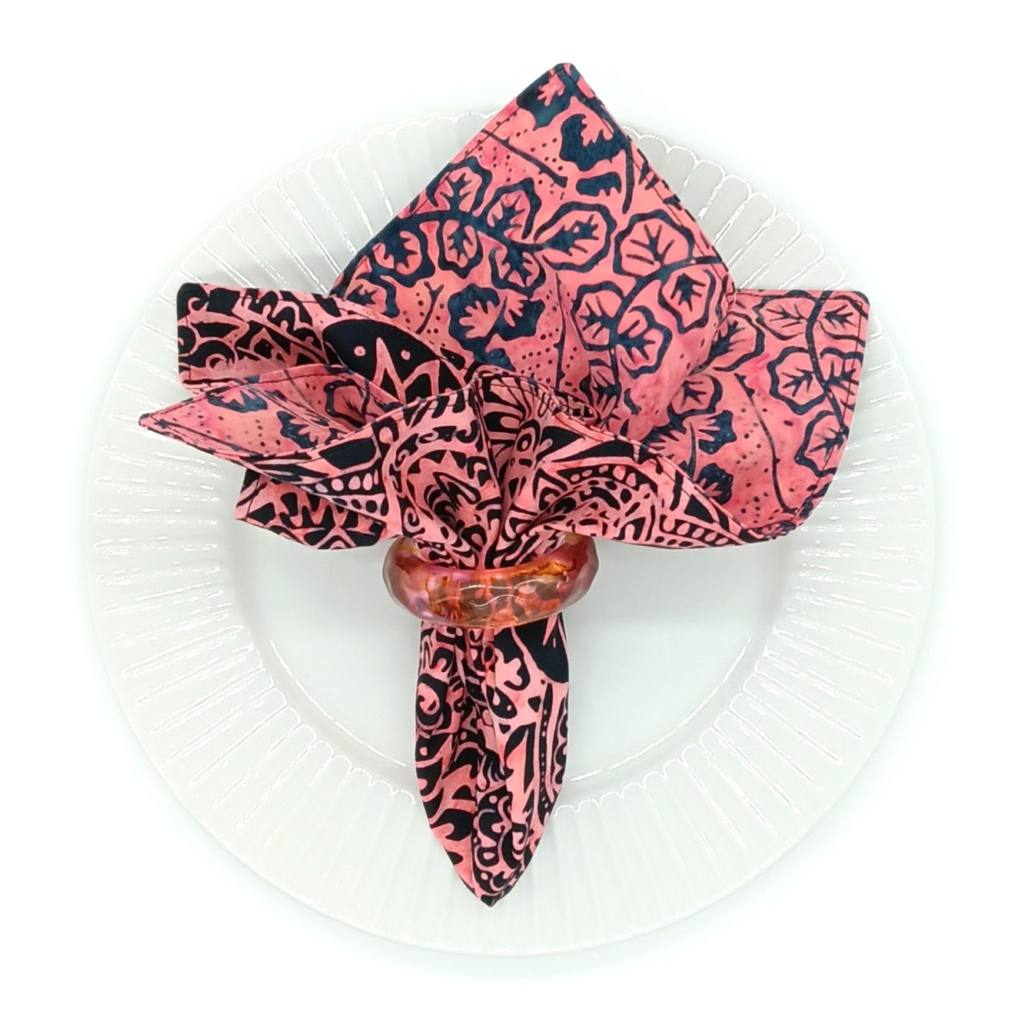 Handmade Reversible Cotton Napkins Set of 4, Coral Batik, 14x14 Cloth Napkins