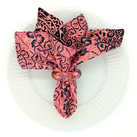 Handmade Reversible Cotton Napkins Set of 4, Coral Batik, 14x14 Cloth Napkins