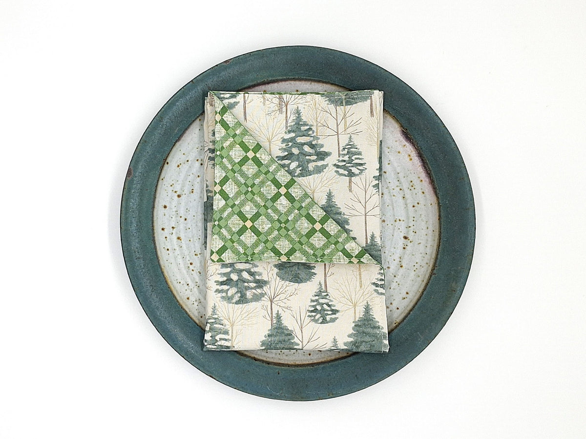 Handmade Reversible Christmas Napkins, Set of 4 Evergreen Forest & Green Plaid, Winter Cloth Napkins