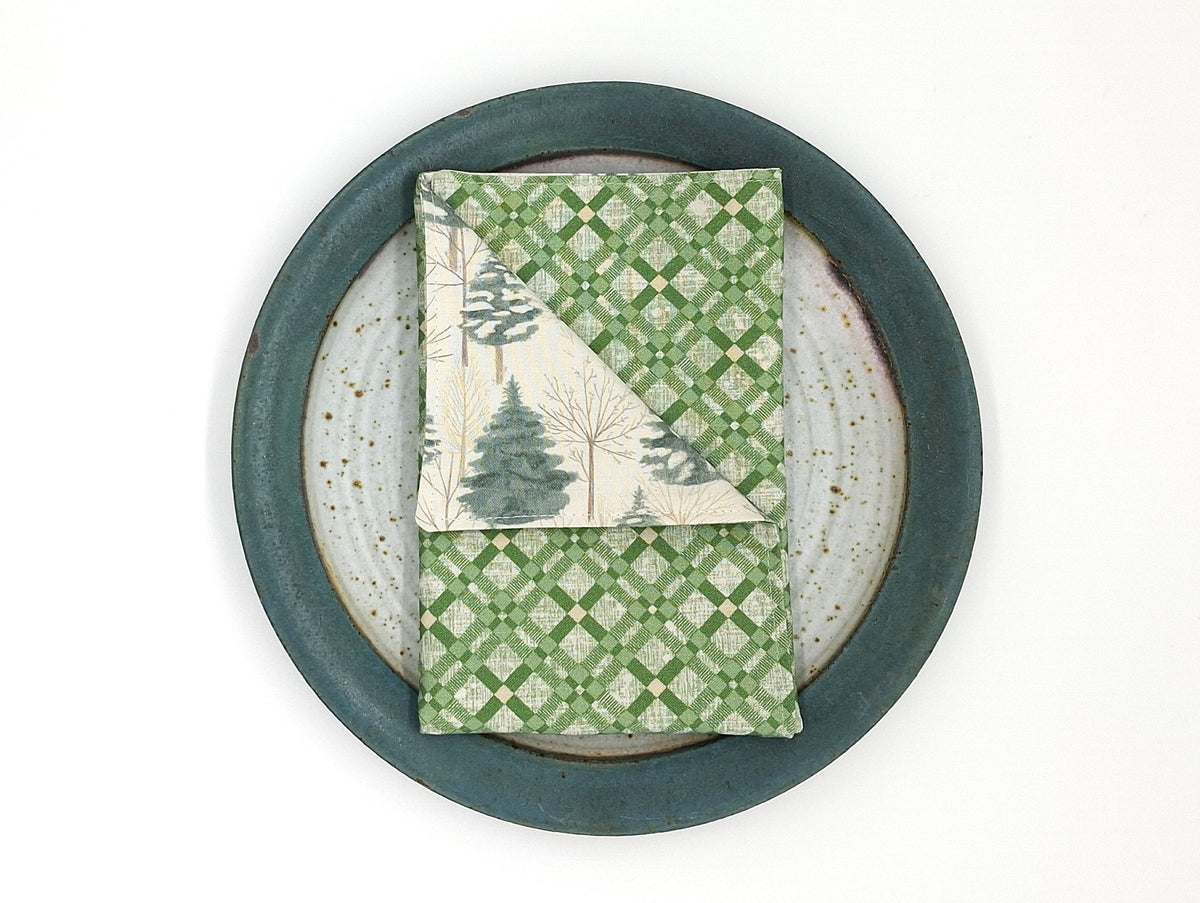 Handmade Reversible Christmas Napkins, Set of 4 Evergreen Forest & Green Plaid, Winter Cloth Napkins