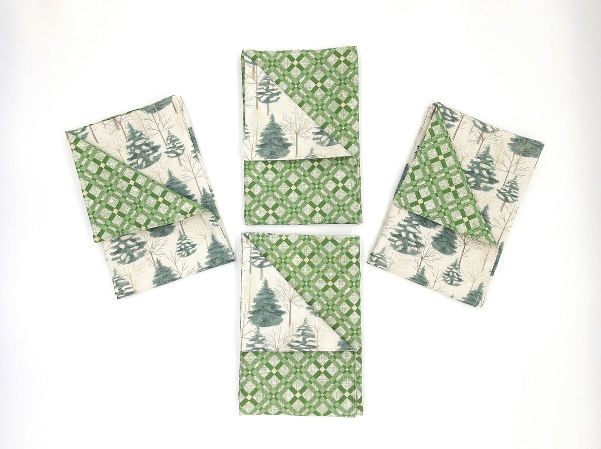 Handmade Reversible Christmas Napkins, Set of 4 Evergreen Forest & Green Plaid, Winter Cloth Napkins