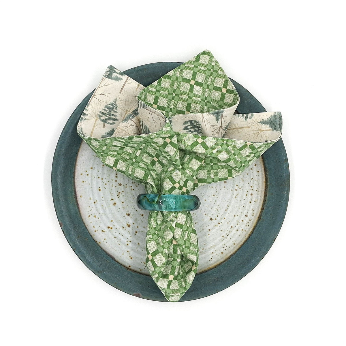 Handmade Reversible Christmas Napkins, Set of 4 Evergreen Forest & Green Plaid, Winter Cloth Napkins