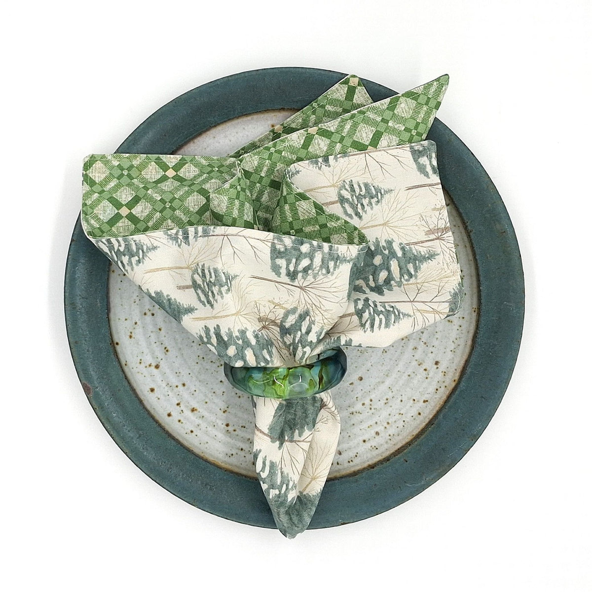 Handmade Reversible Christmas Napkins, Set of 4 Evergreen Forest & Green Plaid, Winter Cloth Napkins