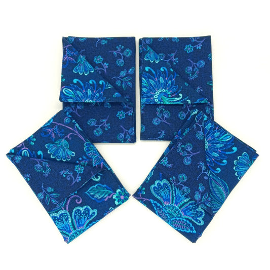 Navy Blue Floral Napkins, Set of 4 Reversible Cotton Table Linens