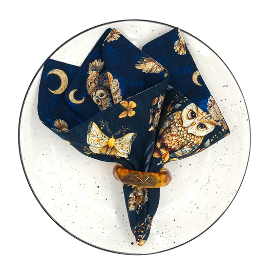 Handmade Reversible Owl Napkins, Set of 4 Navy Cotton Cloth Dinner Napkins, Witchy Cottagecore Table Decor