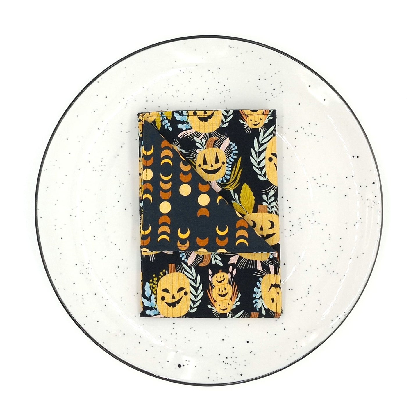 Handmade Reversible Luncheon Napkins, Set of 4, Moon Phases & Jack-o-Lantern,| Witchy Halloween Cloth Napkins