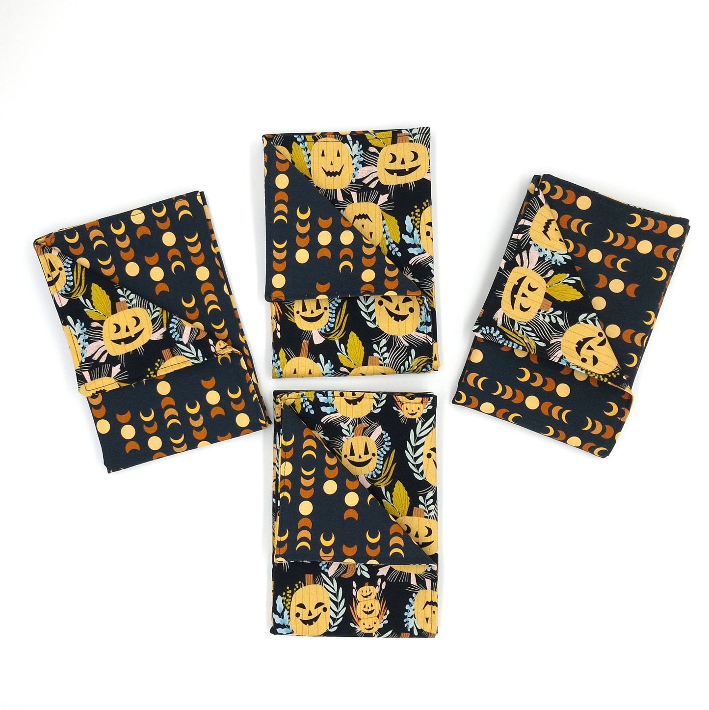Handmade Reversible Luncheon Napkins, Set of 4, Moon Phases & Jack-o-Lantern,| Witchy Halloween Cloth Napkins