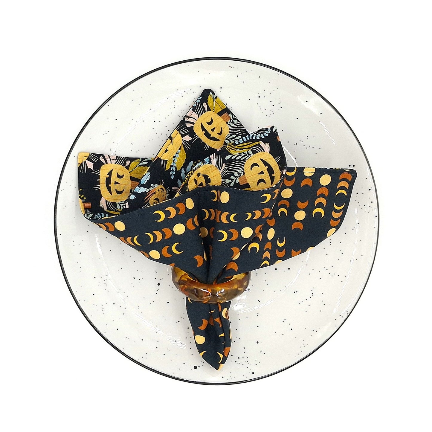 Handmade Reversible Luncheon Napkins, Set of 4, Moon Phases & Jack-o-Lantern,| Witchy Halloween Cloth Napkins