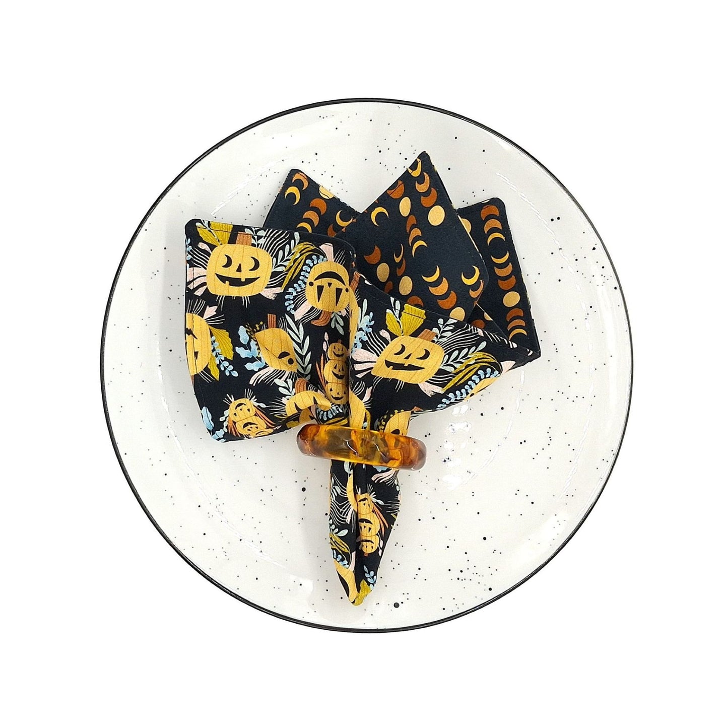 Handmade Reversible Luncheon Napkins, Set of 4, Moon Phases & Jack-o-Lantern,| Witchy Halloween Cloth Napkins