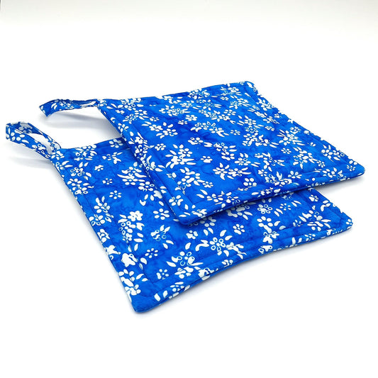 Handmade Blue Batik Potholders Set of 2, Cotton Heat Resistant Hot Pads, Floral Kitchen Gift for Cooks