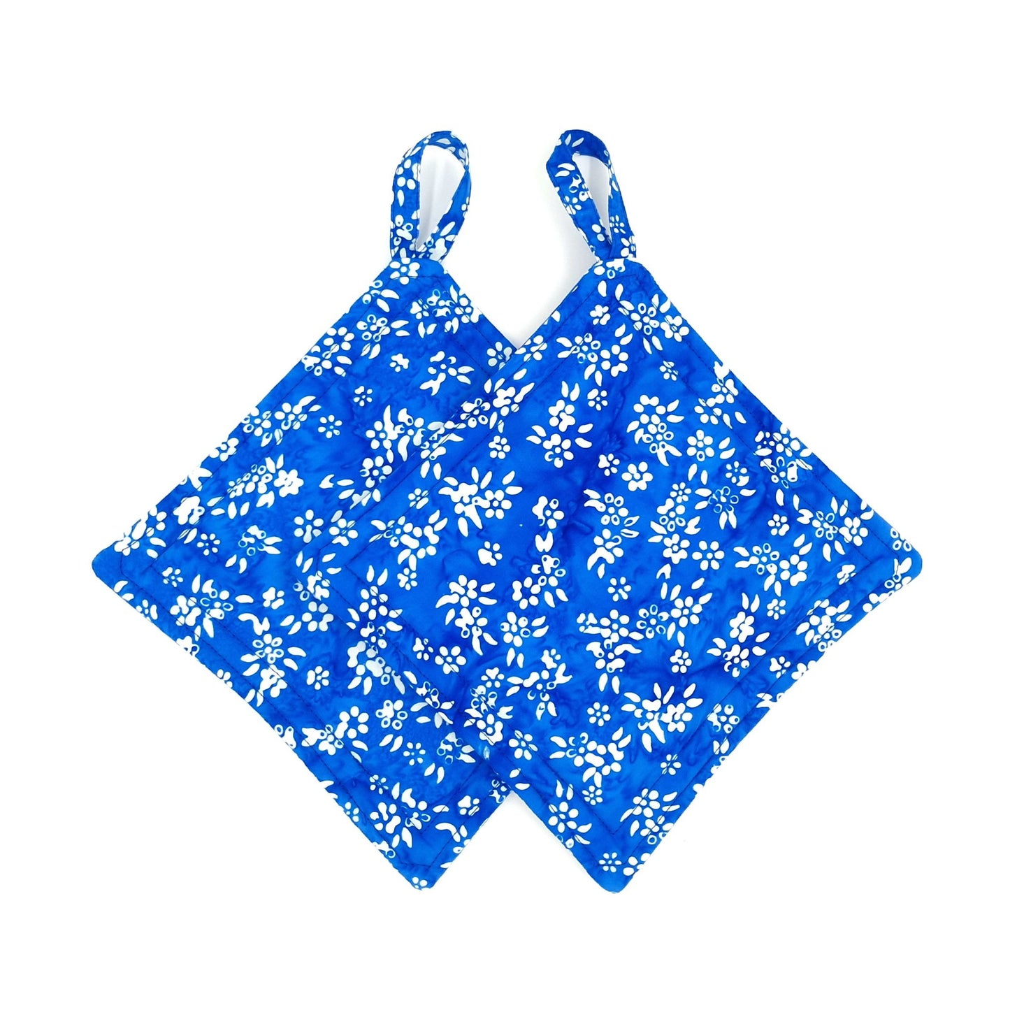 Handmade Blue Batik Potholders Set of 2, Cotton Heat Resistant Hot Pads, Floral Kitchen Gift for Cooks
