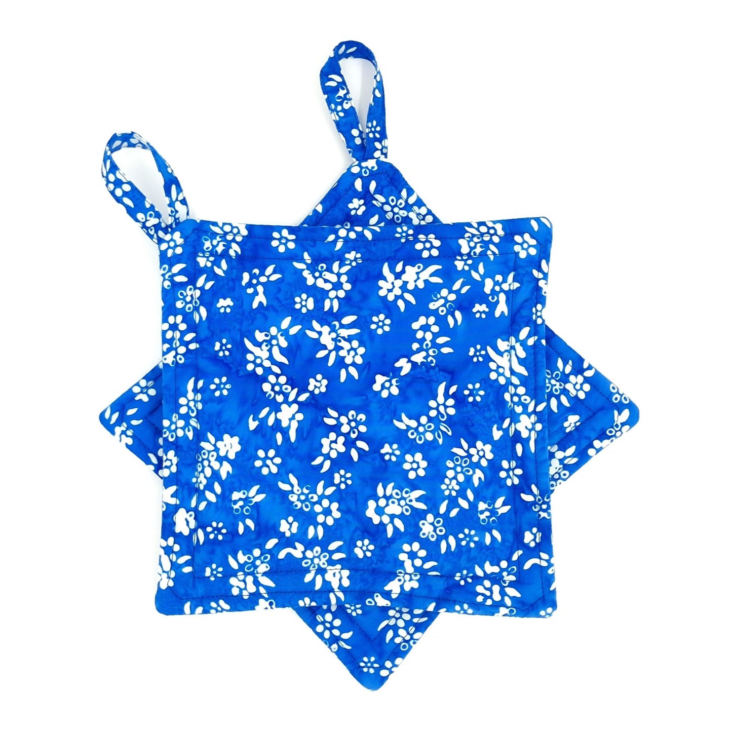 Handmade Blue Batik Potholders Set of 2, Cotton Heat Resistant Hot Pads, Floral Kitchen Gift for Cooks