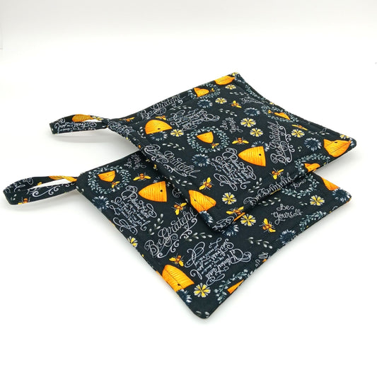 Handmade Honeybee Potholders Set of 2, Cotton, Farmhouse Kitchen Gift for Bakers
