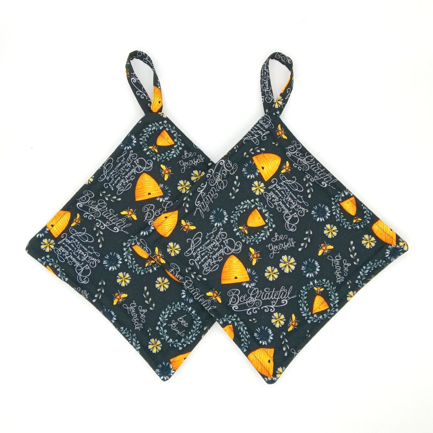 Handmade Honeybee Potholders Set of 2, Cotton, Farmhouse Kitchen Gift for Bakers