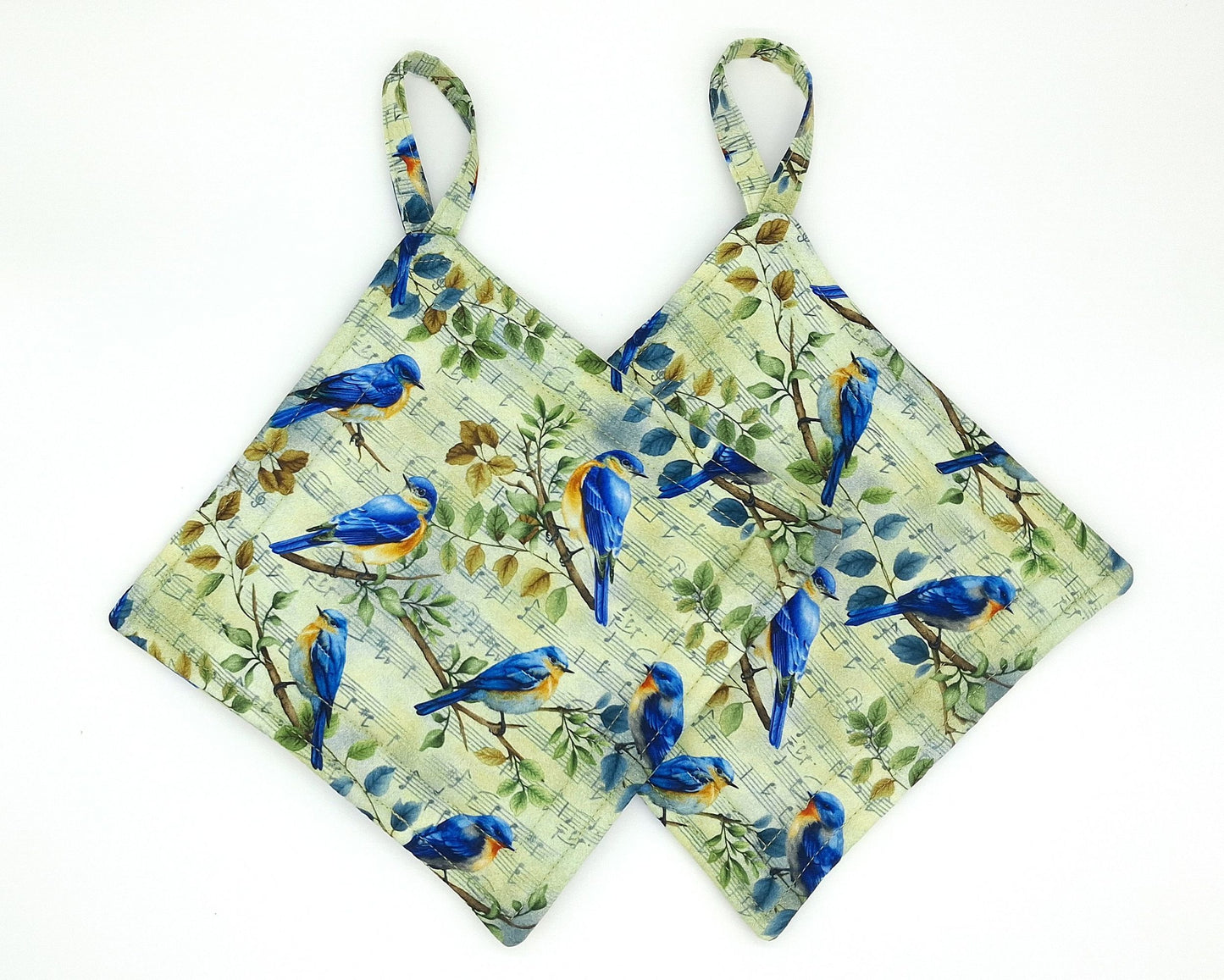 Handmade Bluebird Potholders, Set of 2 Cotton Insul-Brite Hot Pads, Bird Lover Kitchen Gift for Cooks