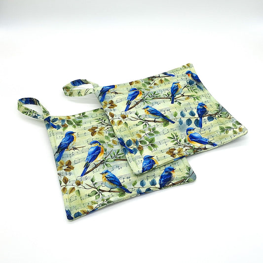 Handmade Bluebird Potholders, Set of 2 Cotton Insul-Brite Hot Pads, Bird Lover Kitchen Gift for Cooks