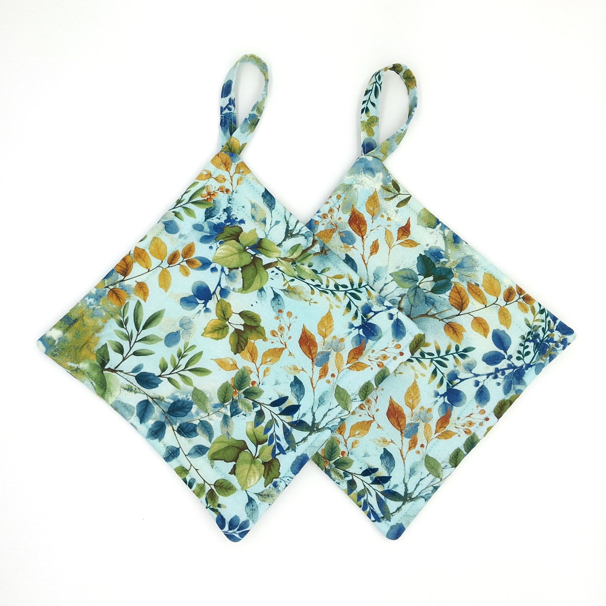 Handmade Botanical Potholders Set of 2, Cotton Insulated Hot Pads, Watercolor Leaves Kitchen Gift