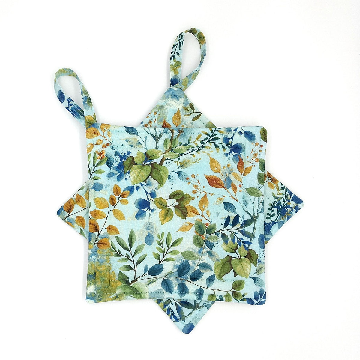 Handmade Botanical Potholders Set of 2, Cotton Insulated Hot Pads, Watercolor Leaves Kitchen Gift